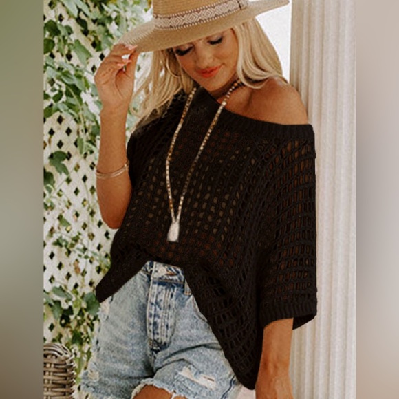 Black Open Weave Crochet Knit Fish net Drop Shoulder Top - Picture 9 of 15